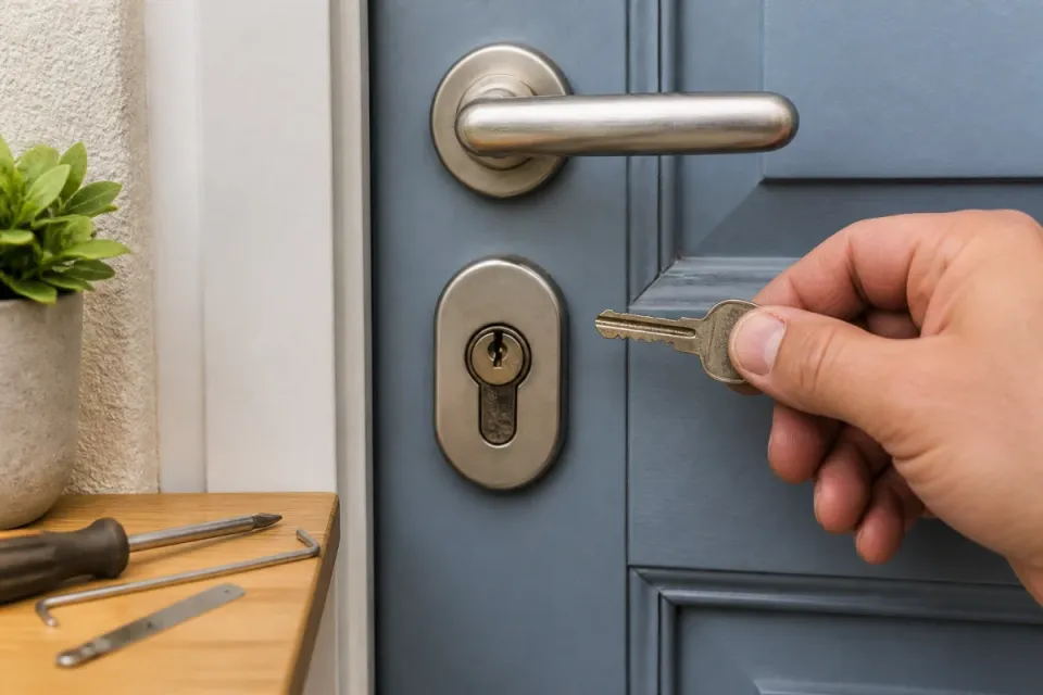 Porte d’entrée avec serrure bloquée, clé usée près du cylindre et outils discrets en arrière-plan
