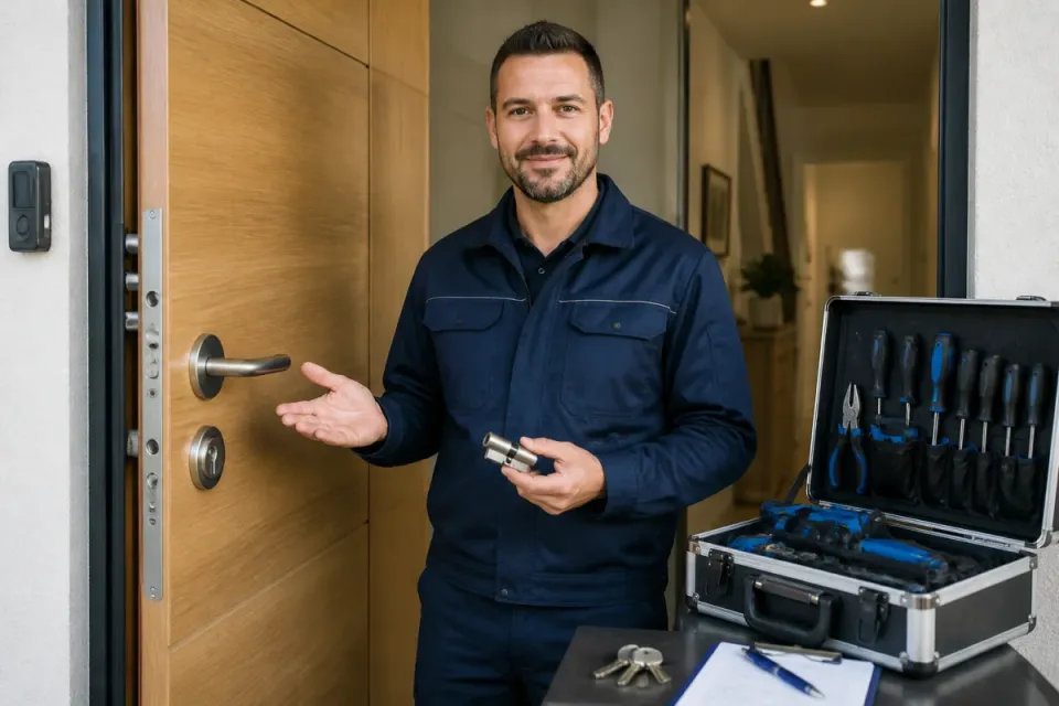 Serrurier professionnel devant une porte d’entrée, outils rangés, examinant calmement la serrure dans un cadre résidentiel rassurant