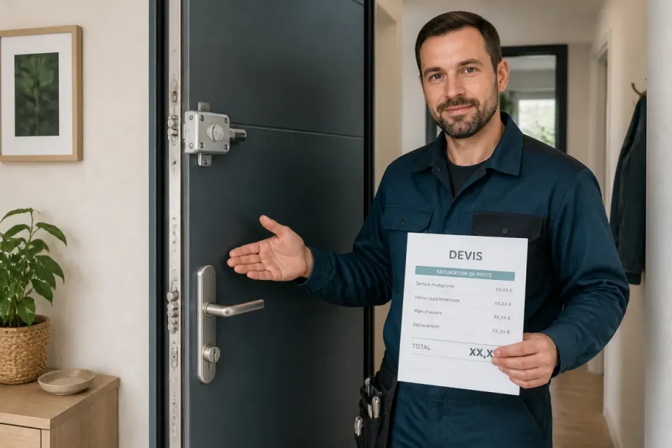 Serrurier à domicile montrant une serrure multipoints et un devis devant une porte d’entrée moderne