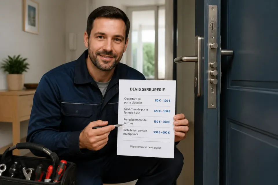 Serrurier à domicile examinant une serrure, devis papier visible avec fourchettes de prix dans une entrée moderne